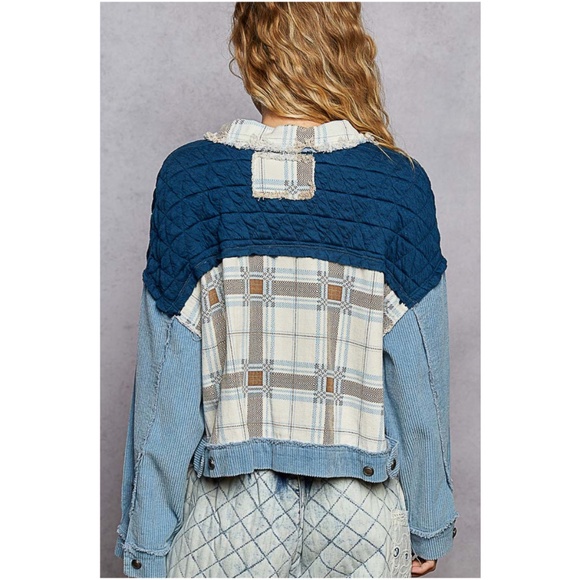 POL Blue Plaid print Frayed Corduroy Pockets Quilted Jacket Shacket - Picture 4 of 4